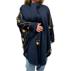 Vintage Wool Cape Zlata Navy Wool Blend Winter Cape with Fur Detail, One Size